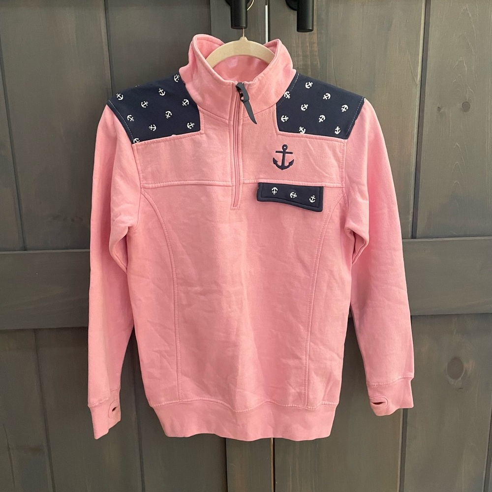 Pink preppy pullover hoodie  zip up with navy anchor design  girls  size M 12/14
